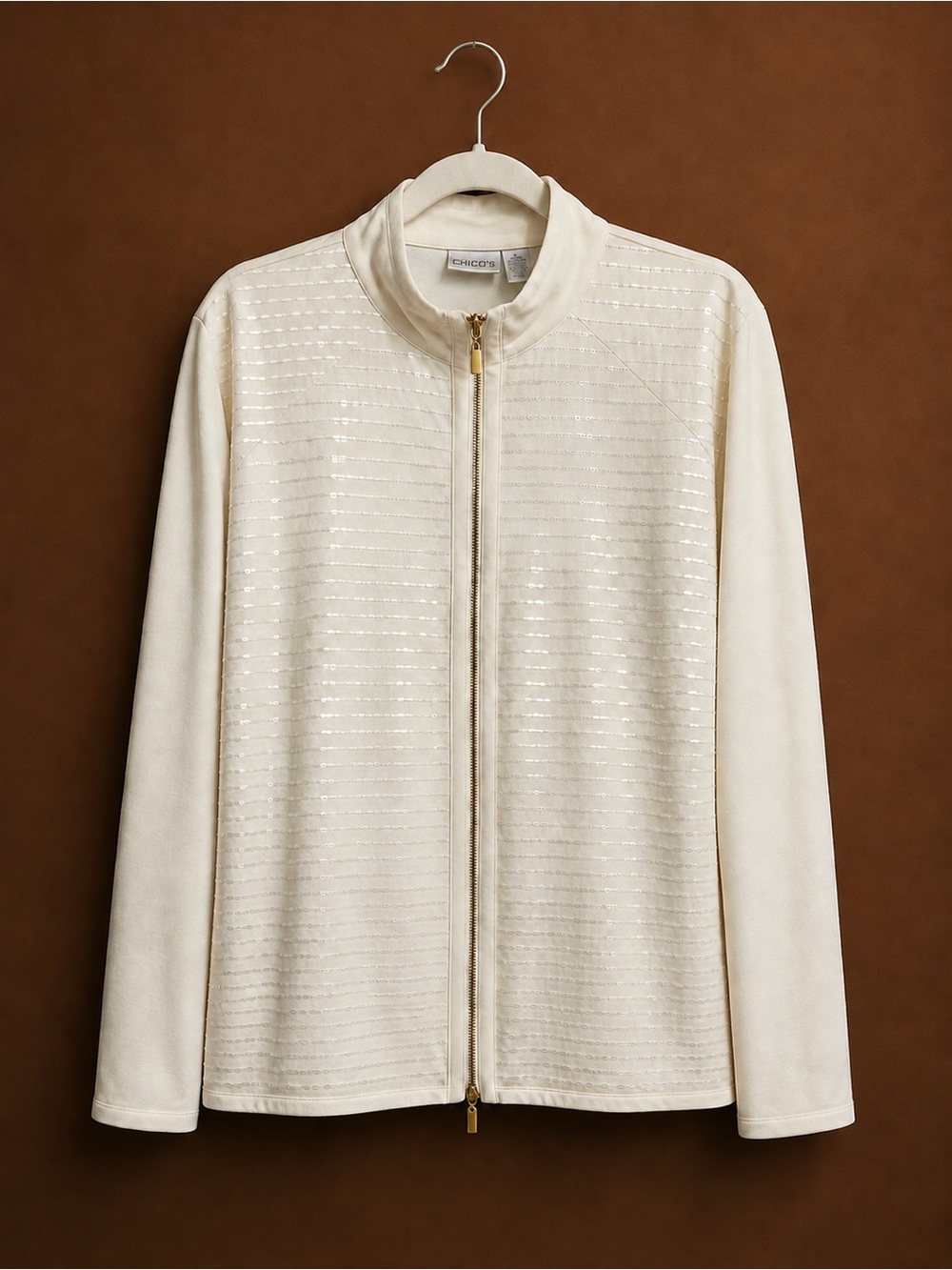 Chico's Size 3!! Ivory Zipper Jacket Metallic Gold Stripes Sequins (XL 16)🤎🧡🤎